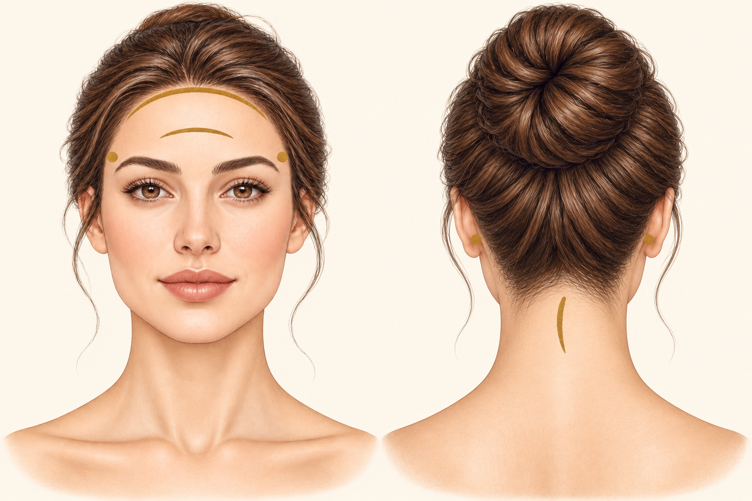 Guide showing where to apply Not My Grain: forehead, temples, behind the ears, back of the neck and wrists