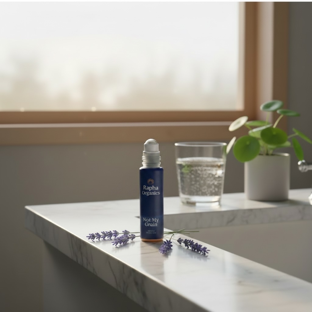 Soft natural light through a bathroom window with botanicals on the sill